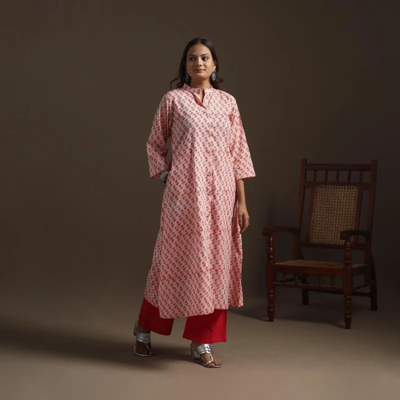 Pink - Hand Block Print Cotton A-Line Sanganeri Kurta for women 04 made by Itokri