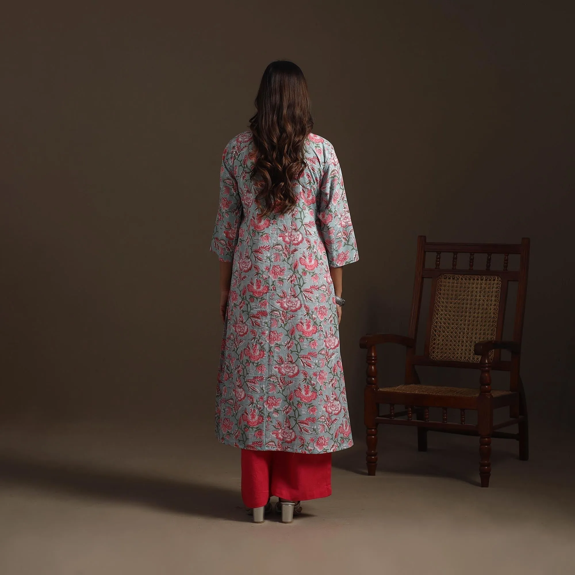 Green - Hand Block Print Cotton A-Line Sanganeri Kurta for women 03 sold by Itokri product image thumbnail 4