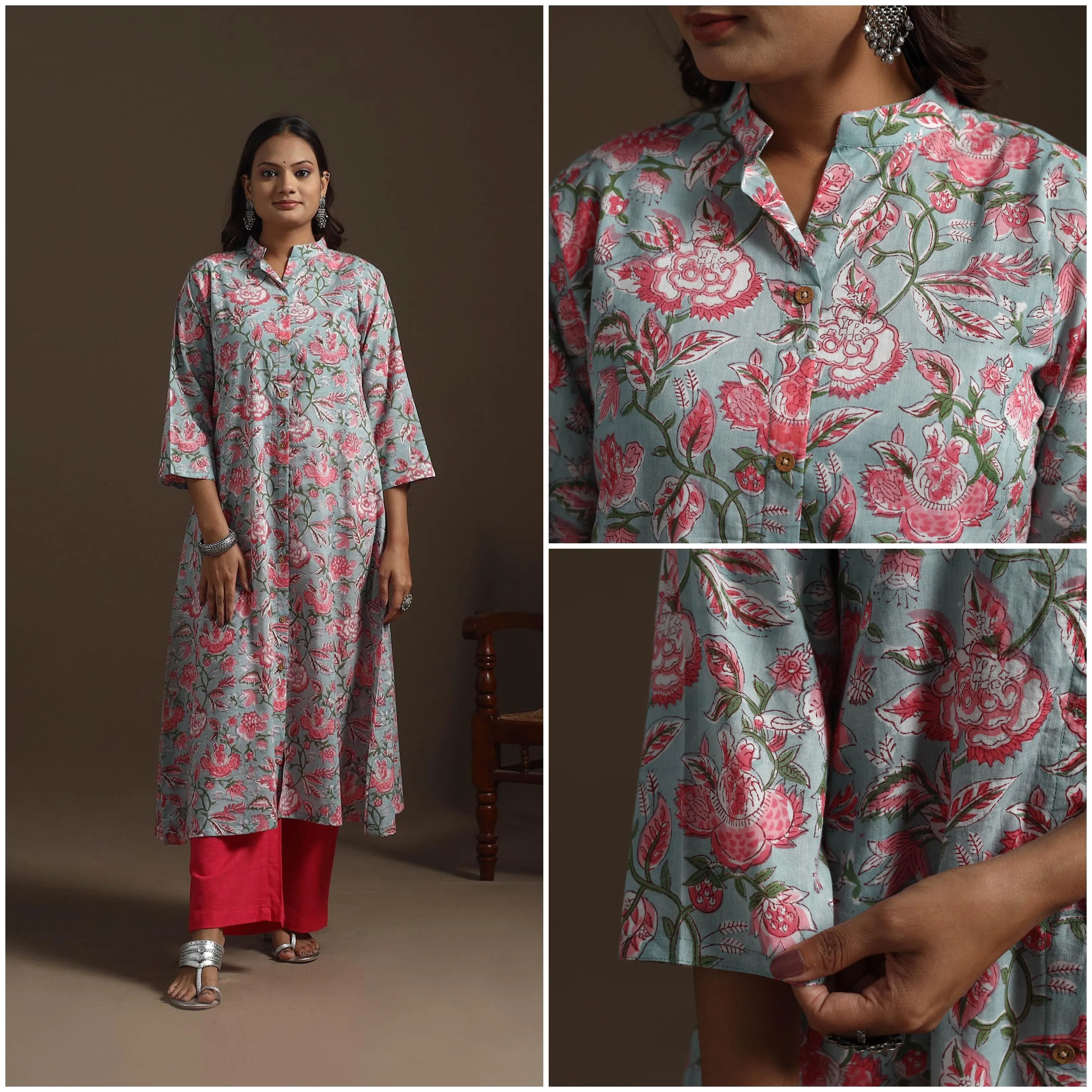 Green - Hand Block Print Cotton A-Line Sanganeri Kurta for women 03 sold by Itokri product image thumbnail 3
