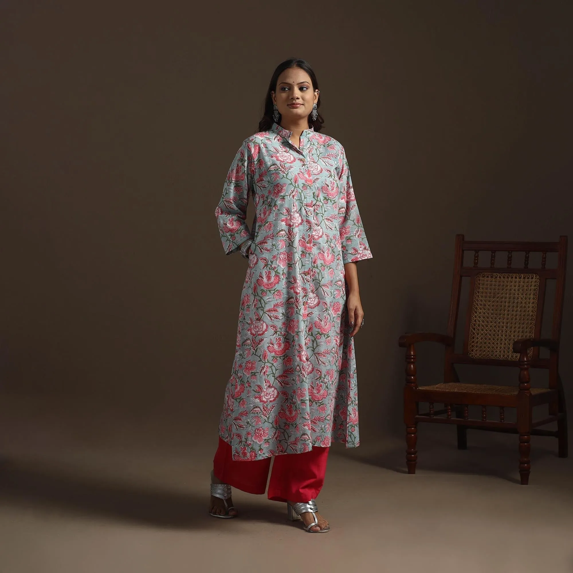 Green - Hand Block Print Cotton A-Line Sanganeri Kurta for women 03 sold by Itokri