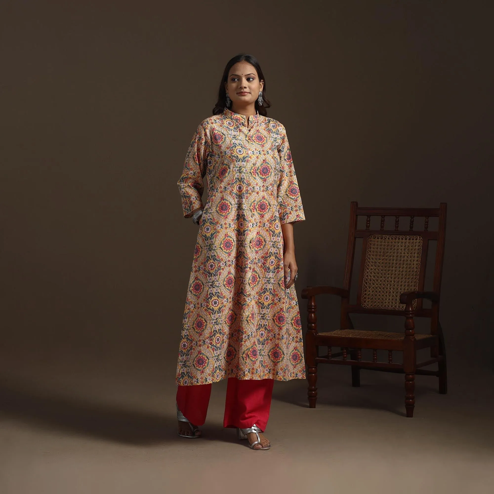 Yellow - Hand Block Print Cotton A-Line Sanganeri Kurta for women 02 sold by Itokri