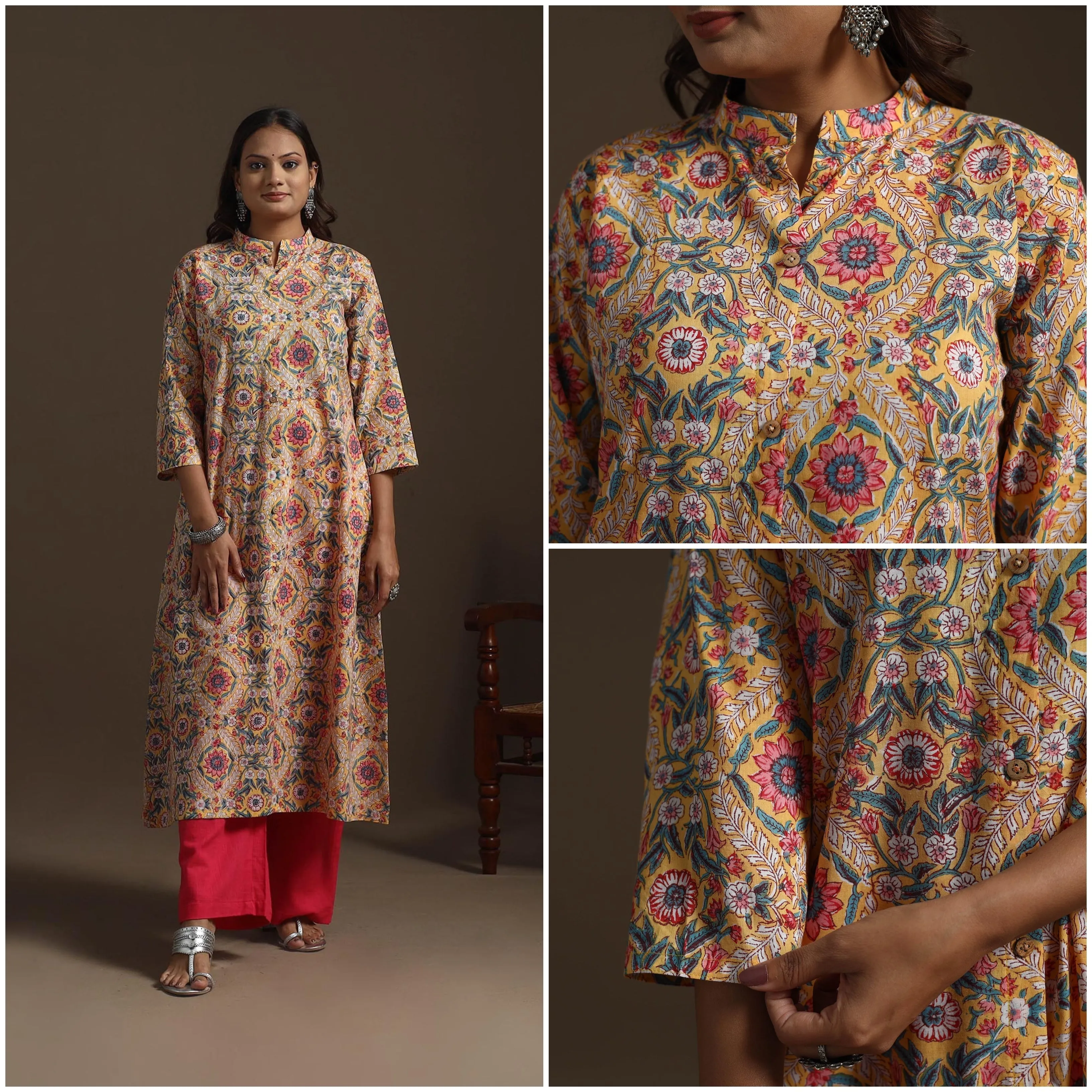 Yellow - Hand Block Print Cotton A-Line Sanganeri Kurta for women 02 sold by Itokri product image thumbnail 3