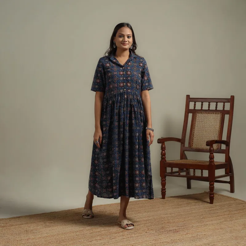 Blue - Block Print Natural Dyed Cotton Flared Ajrakh Dress 09 sold by Itokri