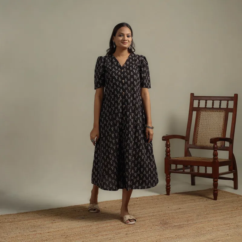Black - Block Print Natural Dyed Cotton Button Down Ajrakh Dress 04 sold by Itokri