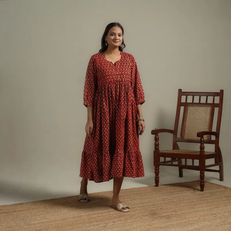 Red - Block Print Natural Dyed Cotton Pintuck Tiered Ajrakh Dress 03 sold by Itokri