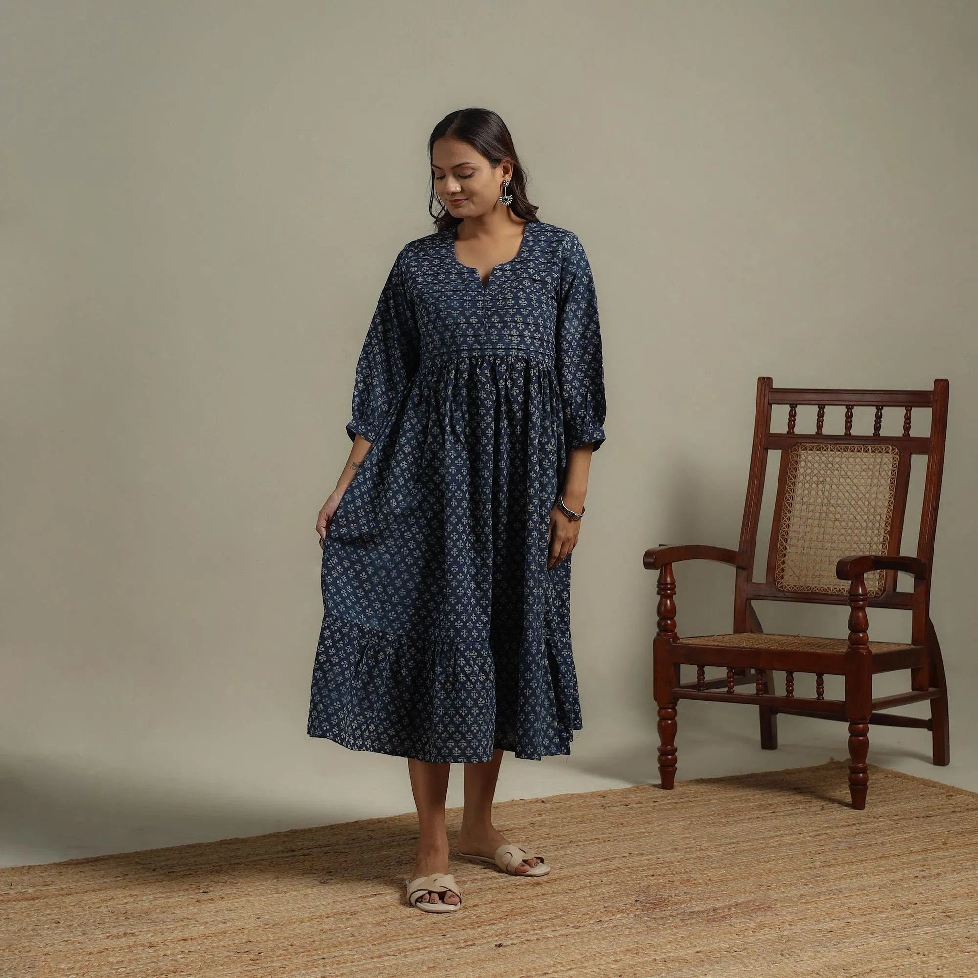 Blue - Block Print Natural Dyed Cotton Pintuck Tiered Ajrakh Dress 02 sold by Itokri product image thumbnail 2