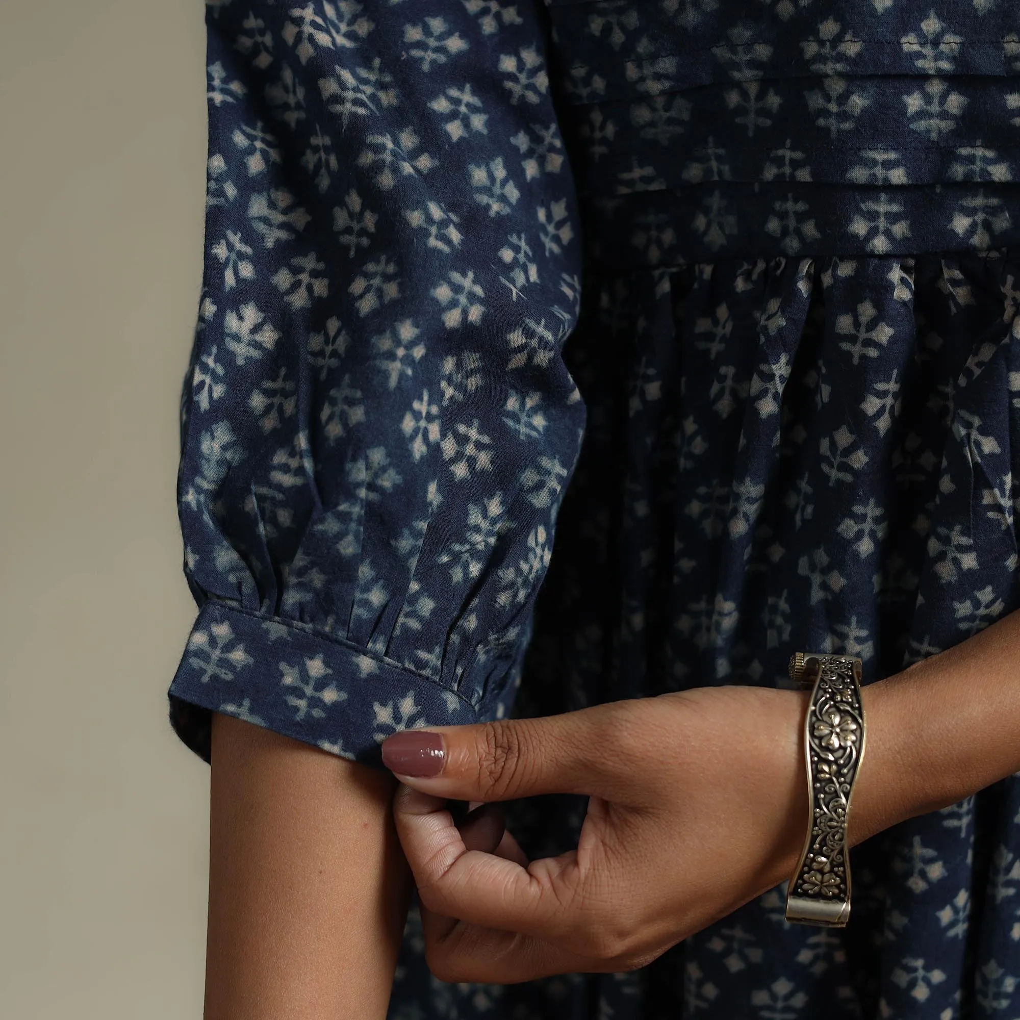 Blue - Block Print Natural Dyed Cotton Pintuck Tiered Ajrakh Dress 02 sold by Itokri product image thumbnail 5