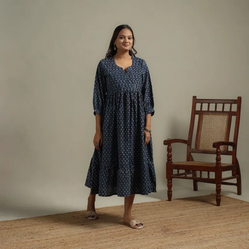 Blue - Block Print Natural Dyed Cotton Pintuck Tiered Ajrakh Dress 02 sold by Itokri