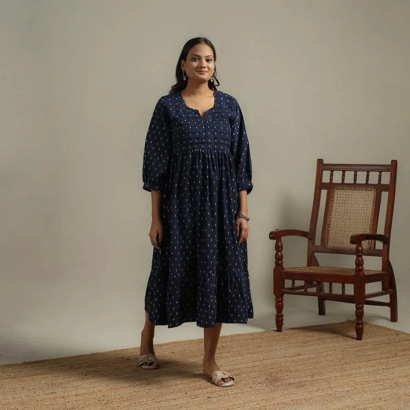 Blue - Block Print Natural Dyed Cotton Pintuck Tiered Ajrakh Dress 01 sold by Itokri