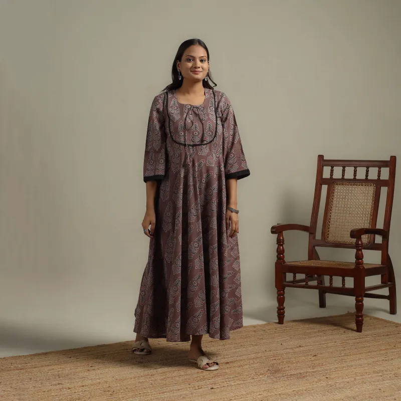 Brown - Block Print Natural Dyed Cotton Flared Ajrakh Dress 13 sold by Itokri