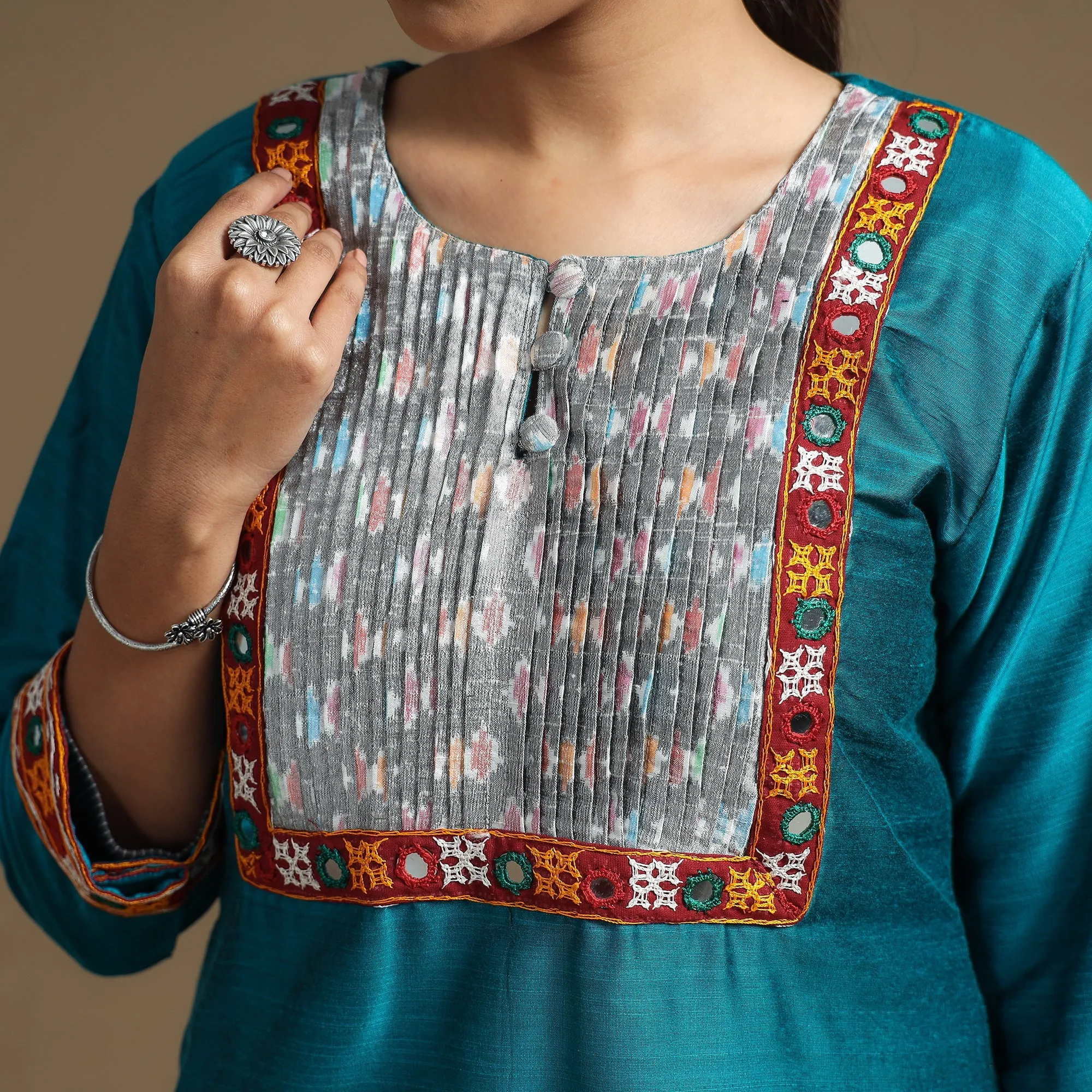 Blue - Plain Slub Silk Pintuck Straight Kurta with Ikat Patchwork sold by Itokri product image thumbnail 4