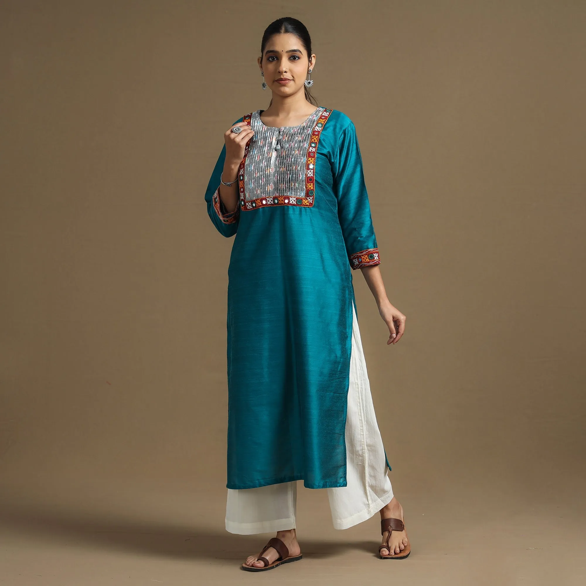 Blue - Plain Slub Silk Pintuck Straight Kurta with Ikat Patchwork sold by Itokri product image thumbnail 3