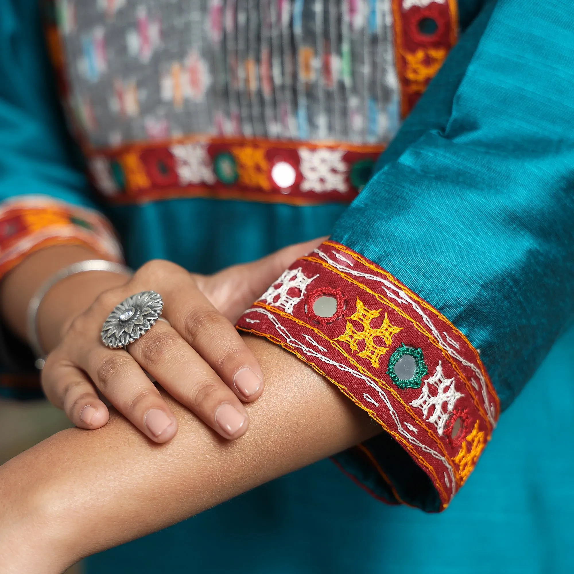 Blue - Plain Slub Silk Pintuck Straight Kurta with Ikat Patchwork sold by Itokri product image thumbnail 5