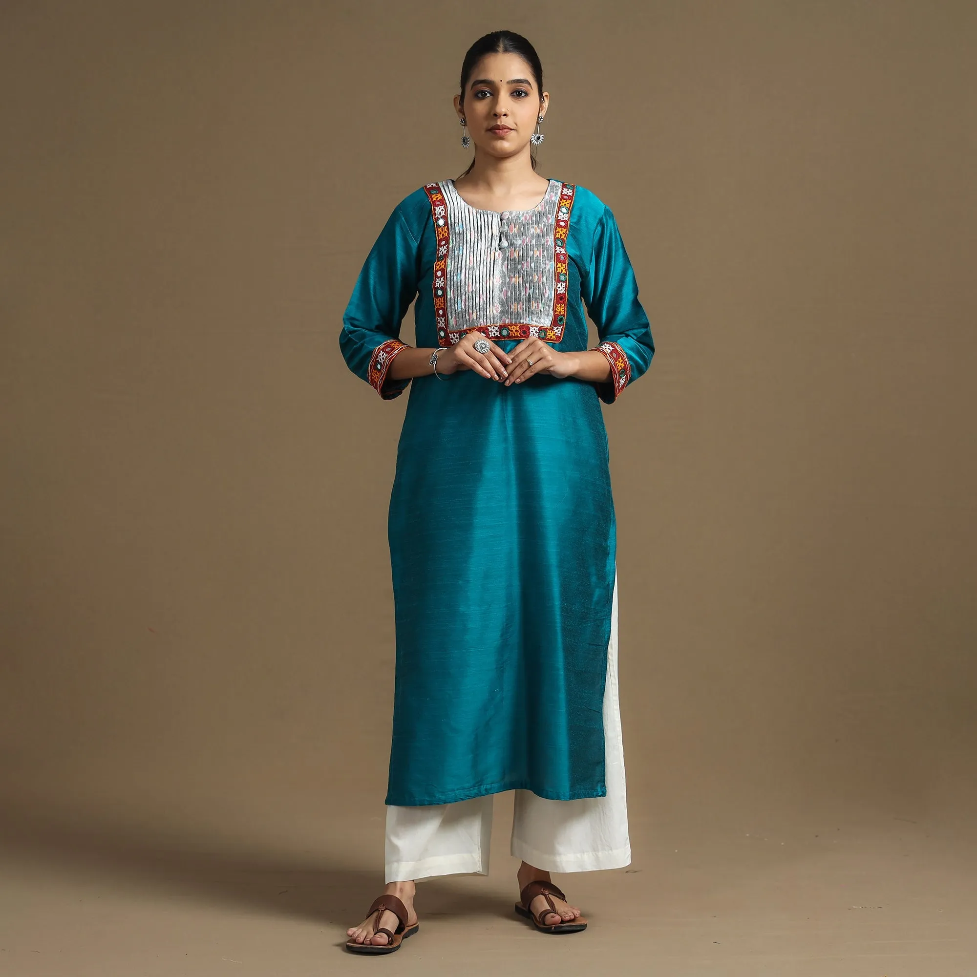 Blue - Plain Slub Silk Pintuck Straight Kurta with Ikat Patchwork sold by Itokri product image thumbnail 2