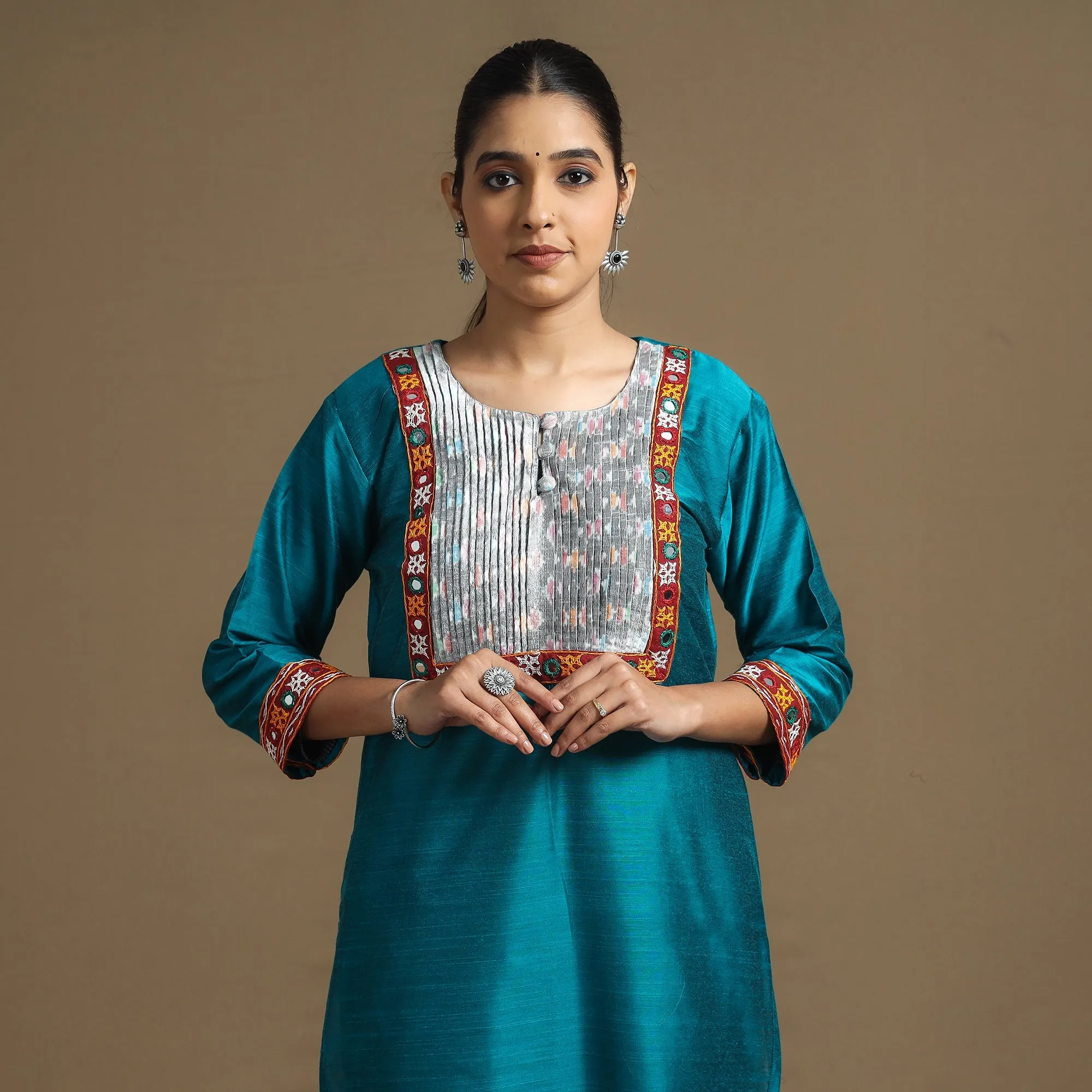 Blue - Plain Slub Silk Pintuck Straight Kurta with Ikat Patchwork sold by Itokri