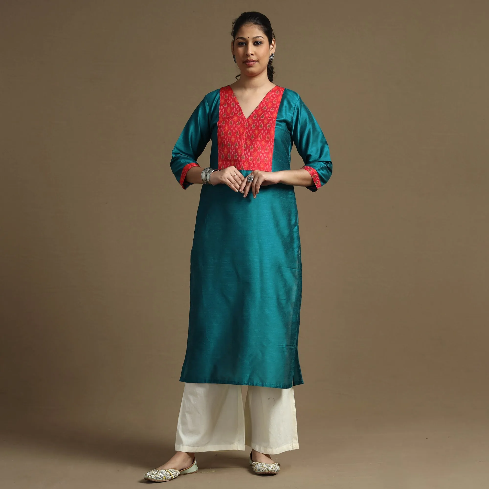 Blue - Plain Solid Slub Silk Straight Kurta sold by Itokri product image thumbnail 2