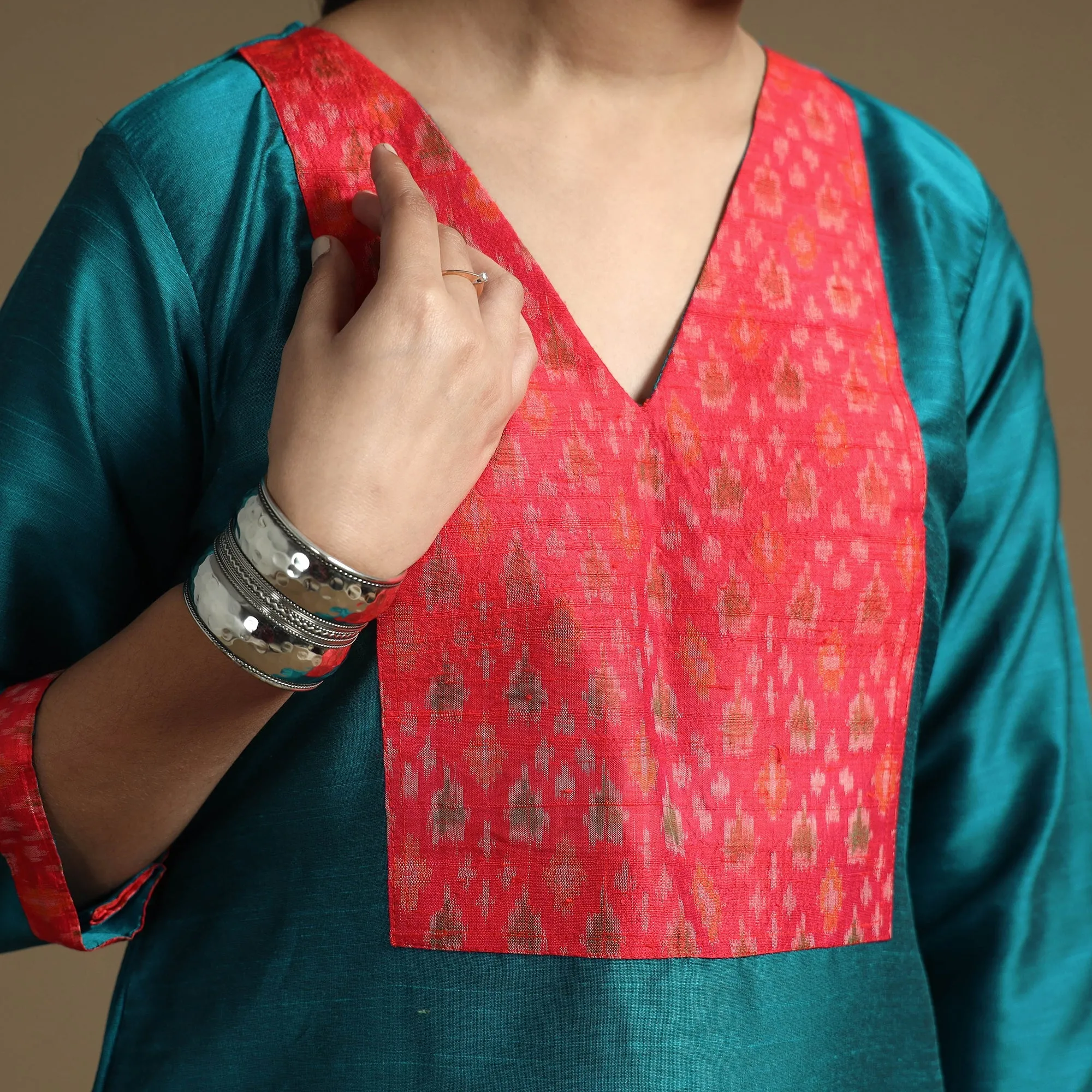 Blue - Plain Solid Slub Silk Straight Kurta sold by Itokri product image thumbnail 5