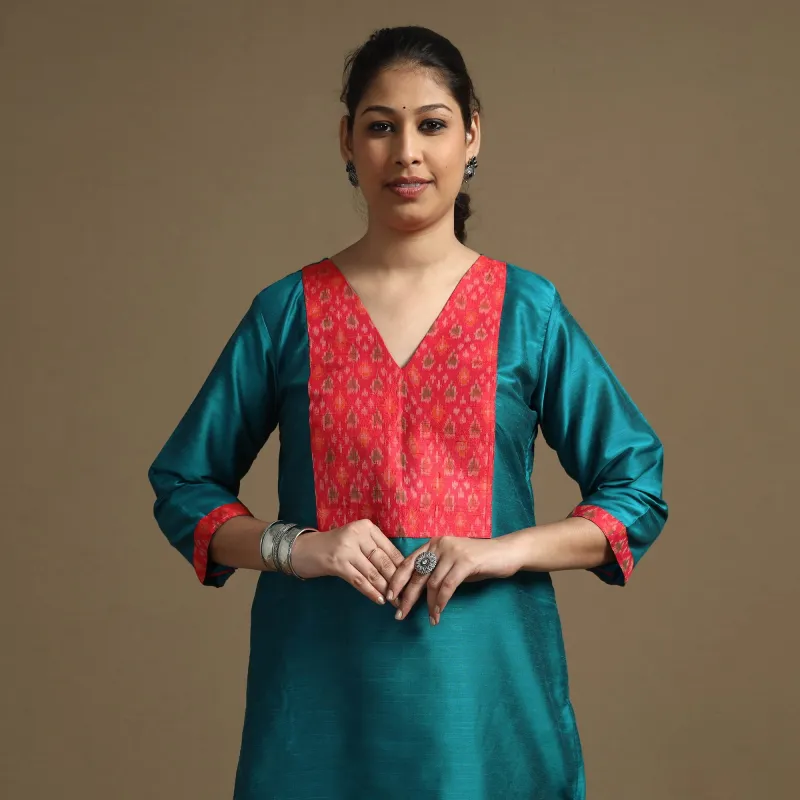 Blue - Plain Solid Slub Silk Straight Kurta sold by Itokri