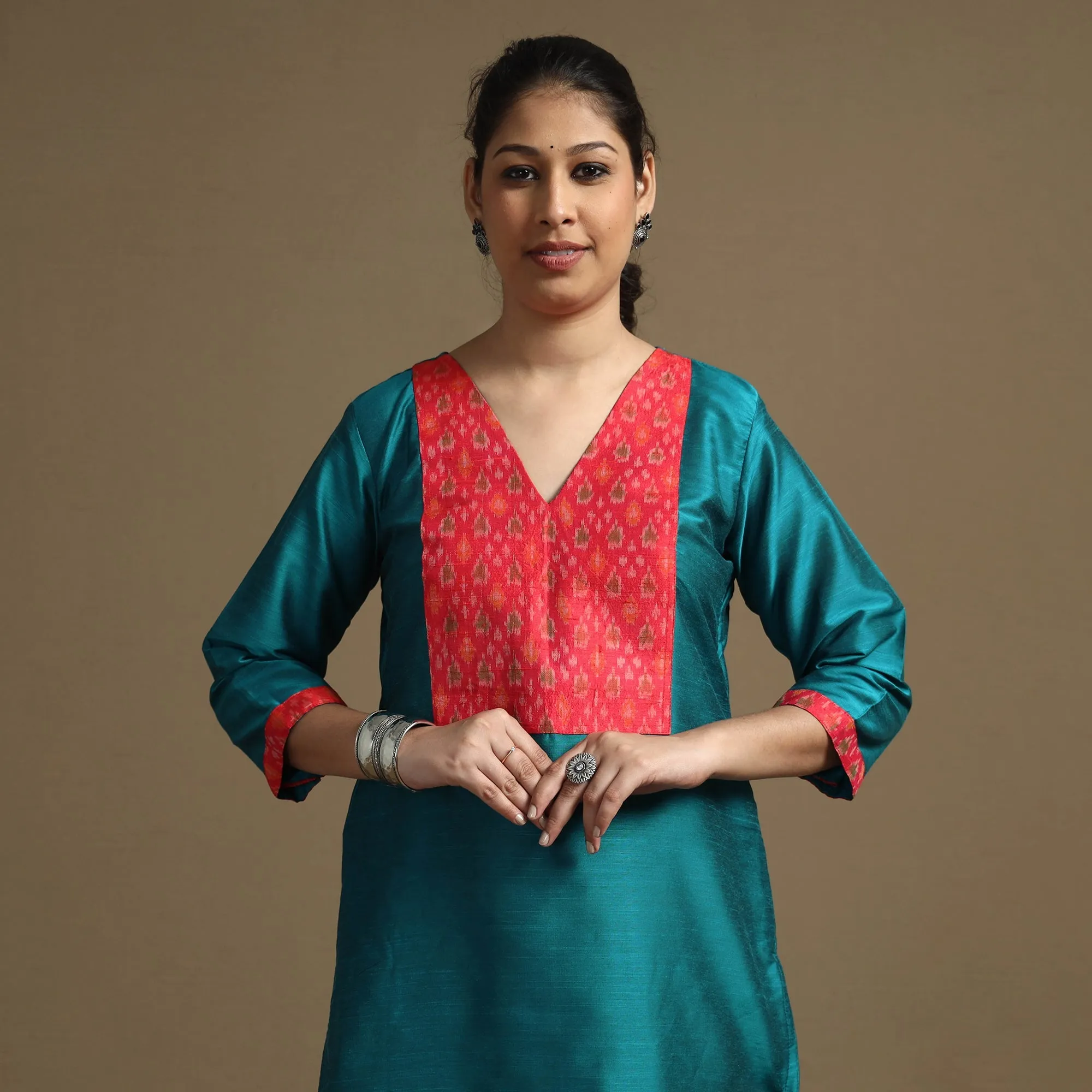 Blue - Plain Solid Slub Silk Straight Kurta sold by Itokri