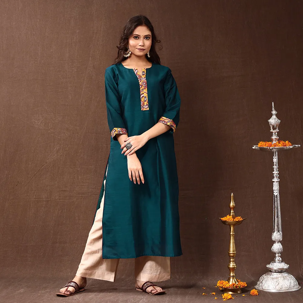 Green - Dark Cyan - Silk Plain Long Straight Kurta sold by Itokri product image thumbnail 2