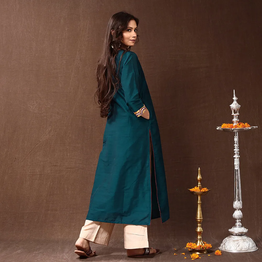Green - Dark Cyan - Silk Plain Long Straight Kurta sold by Itokri product image thumbnail 4