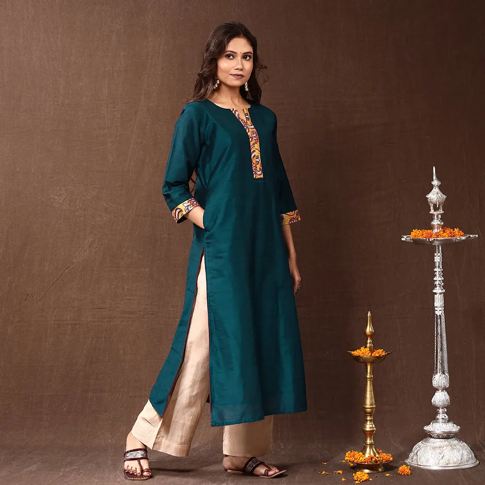 Green - Dark Cyan - Silk Plain Long Straight Kurta sold by Itokri product image thumbnail 3