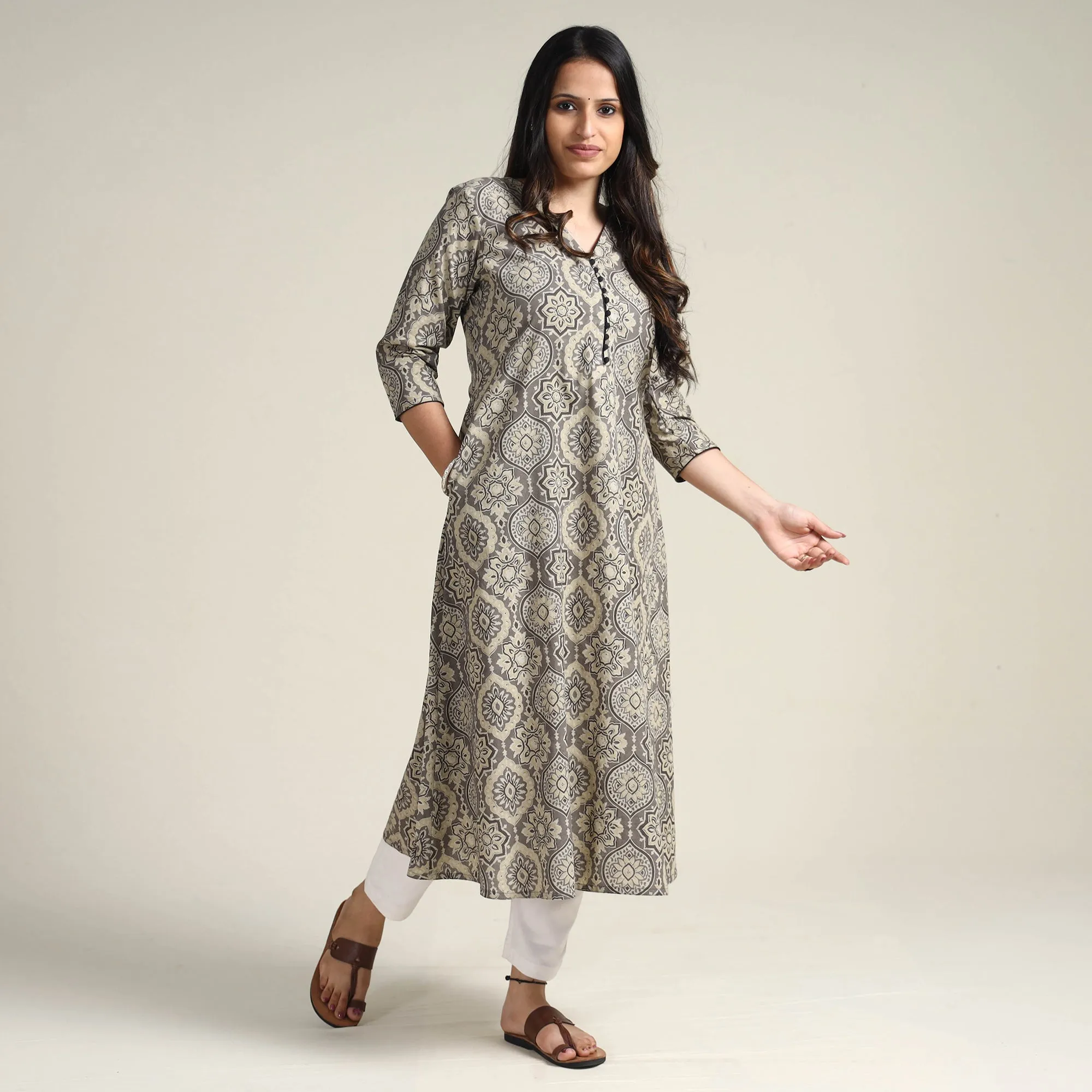 Grey - Ajrakh Block Printed Cotton Long Kurta sold by Itokri product image thumbnail 3