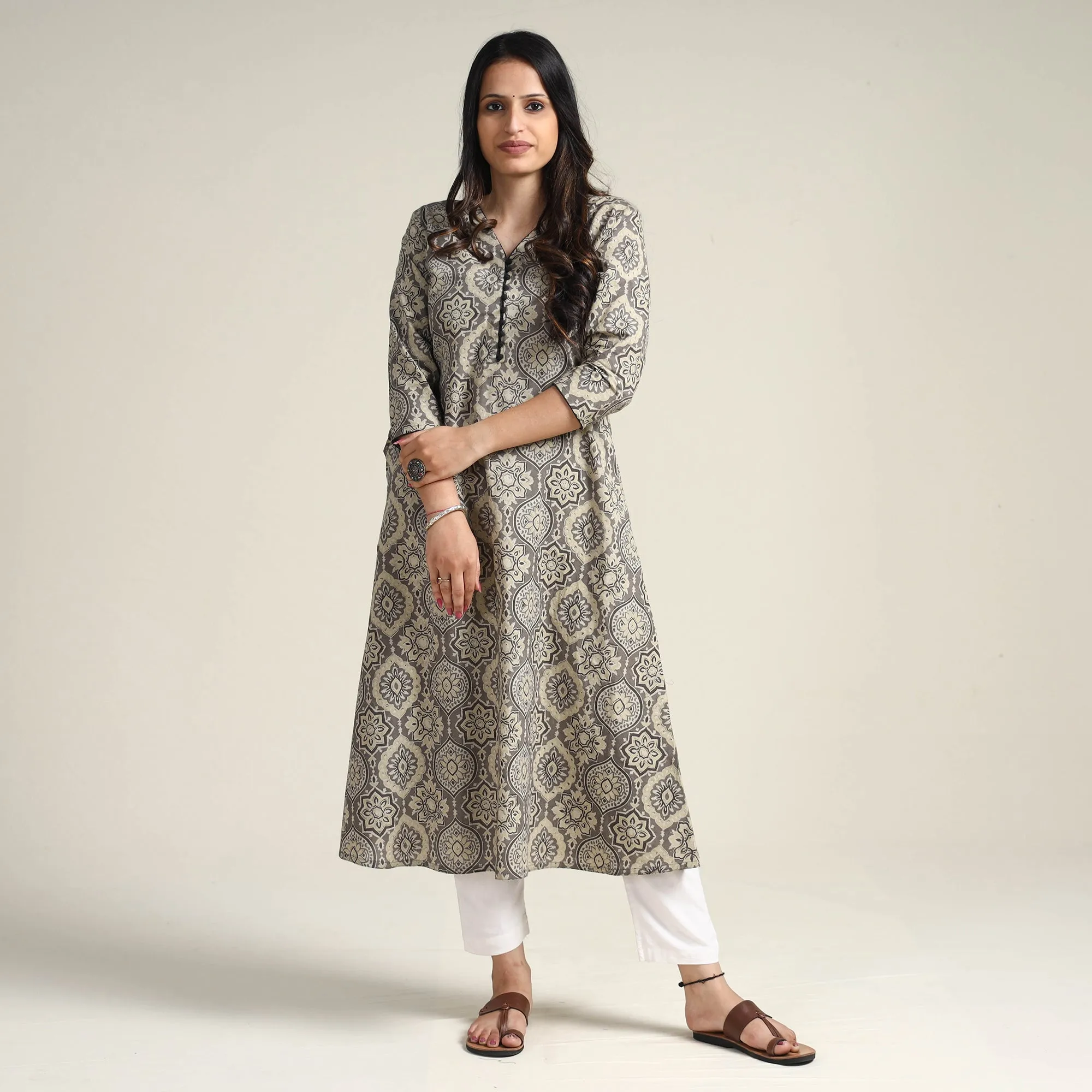 Grey - Ajrakh Block Printed Cotton Long Kurta sold by Itokri product image thumbnail 2