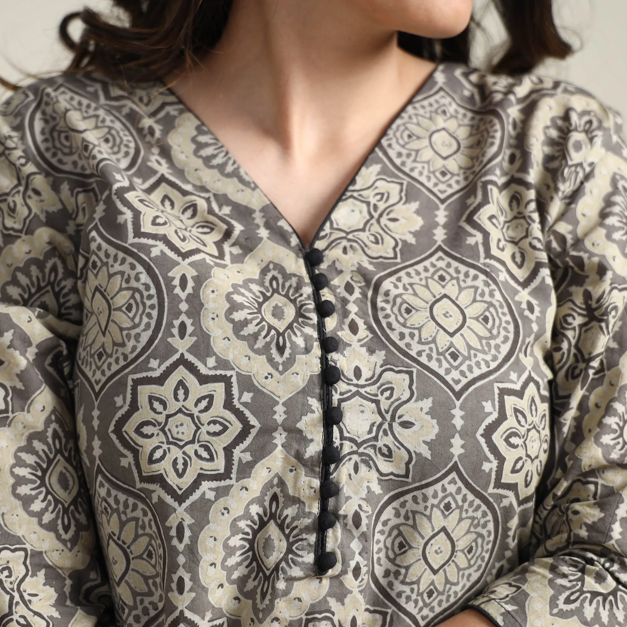 Grey - Ajrakh Block Printed Cotton Long Kurta sold by Itokri product image thumbnail 4