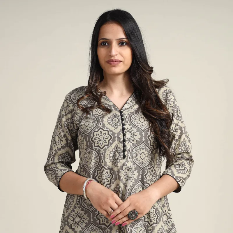 Grey - Ajrakh Block Printed Cotton Long Kurta sold by Itokri