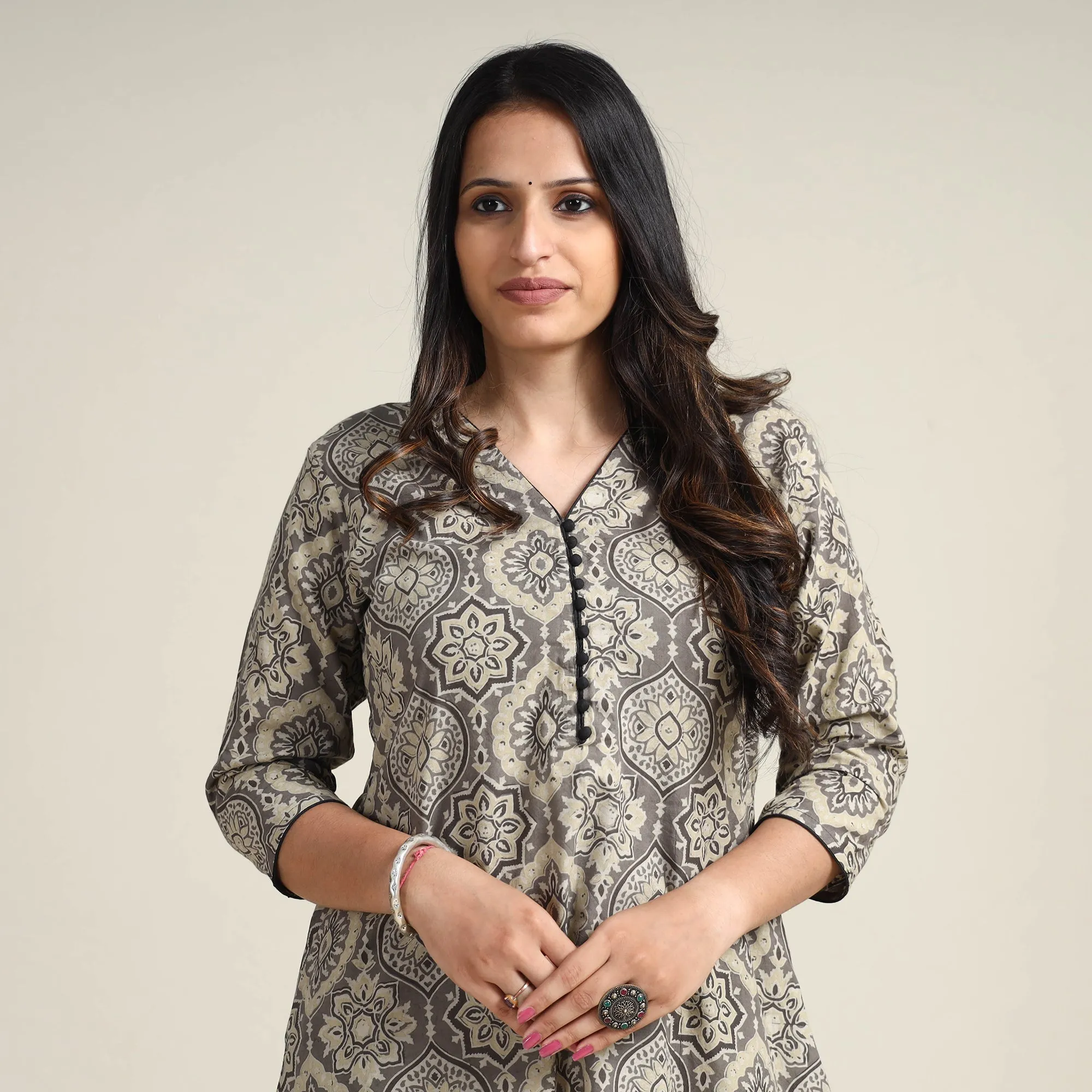 Grey - Ajrakh Block Printed Cotton Long Kurta sold by Itokri