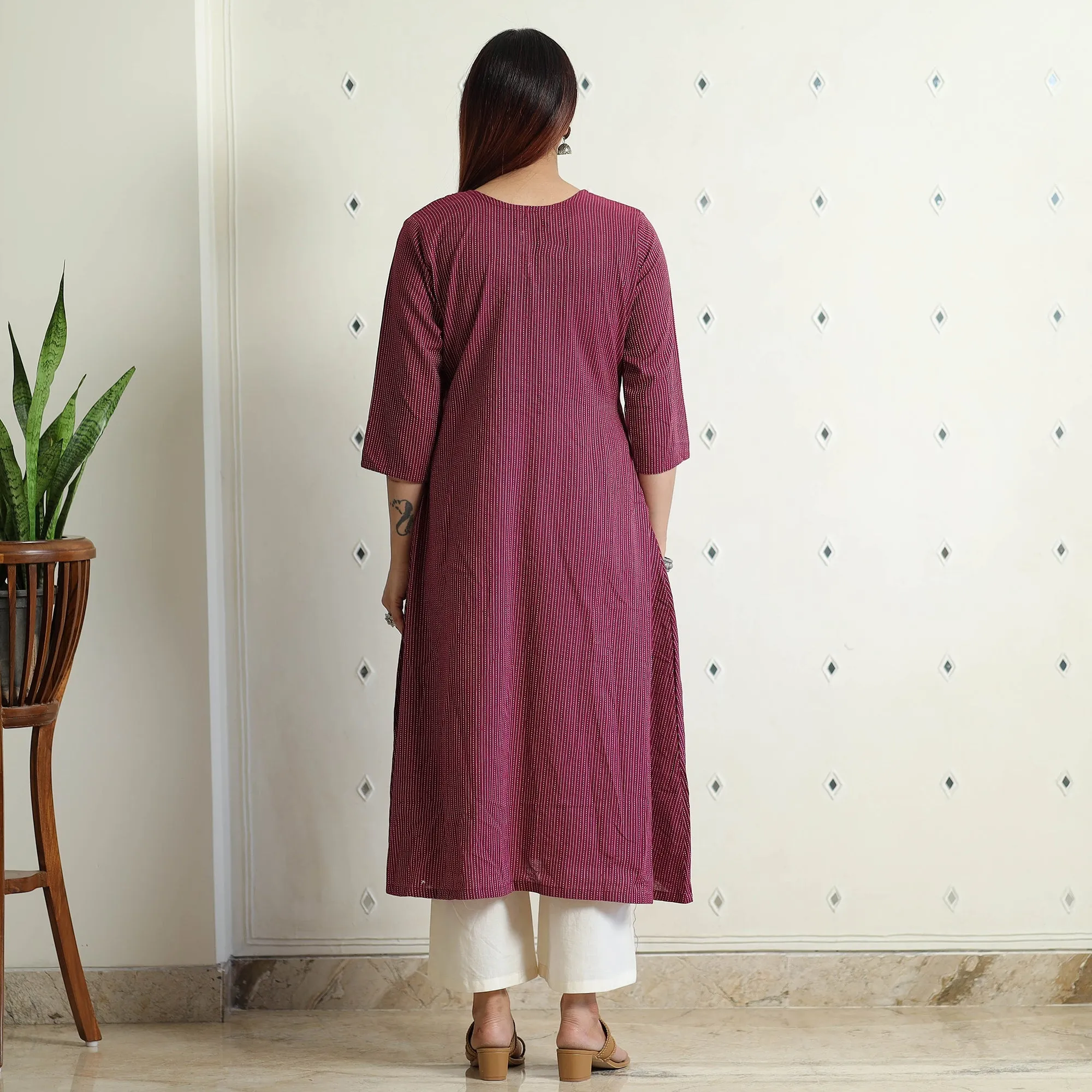 Purple - Plain Running Stitch Cotton Pintuck Long Kurta sold by Itokri product image thumbnail 4