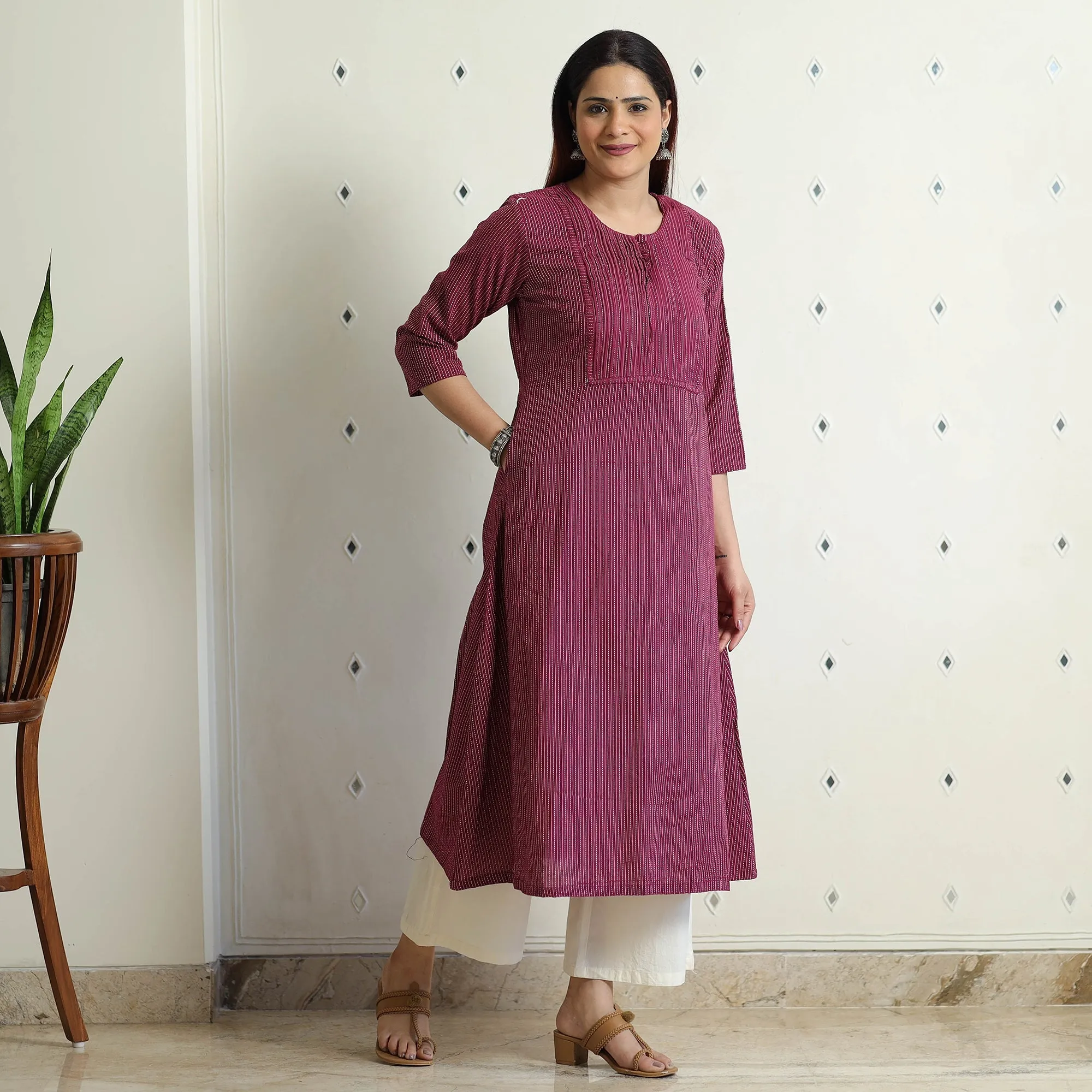 Purple - Plain Running Stitch Cotton Pintuck Long Kurta sold by Itokri product image thumbnail 2