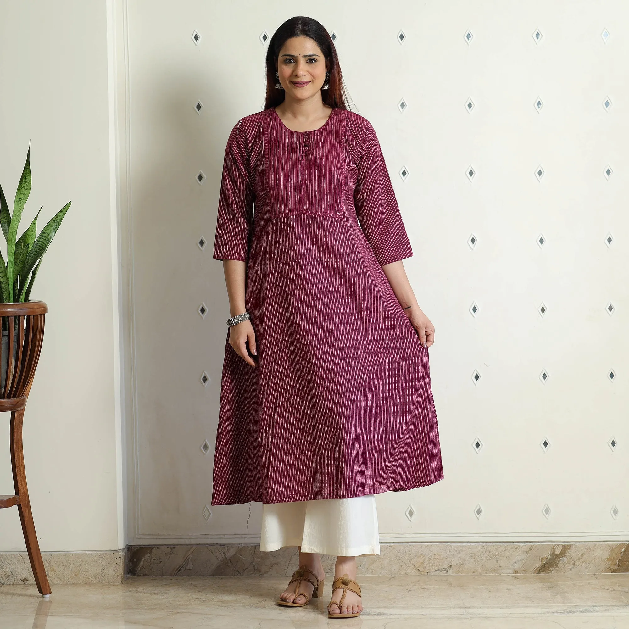 Purple - Plain Running Stitch Cotton Pintuck Long Kurta sold by Itokri product image thumbnail 3