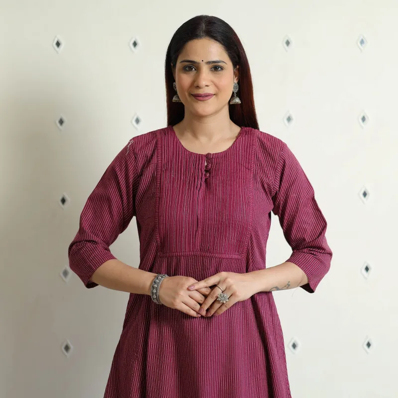 Purple - Plain Running Stitch Cotton Pintuck Long Kurta sold by Itokri