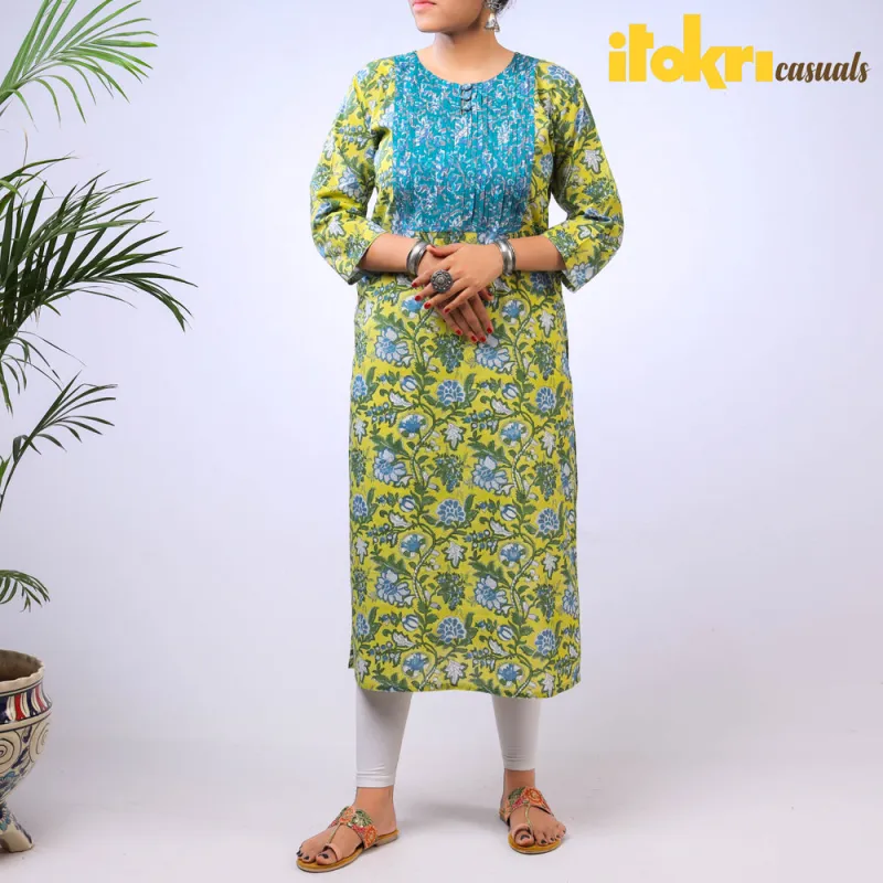 Yellow - iTokri Casuals - Pintuck Sanganeri Hand Block Printed Cotton Long Kurta sold by Itokri