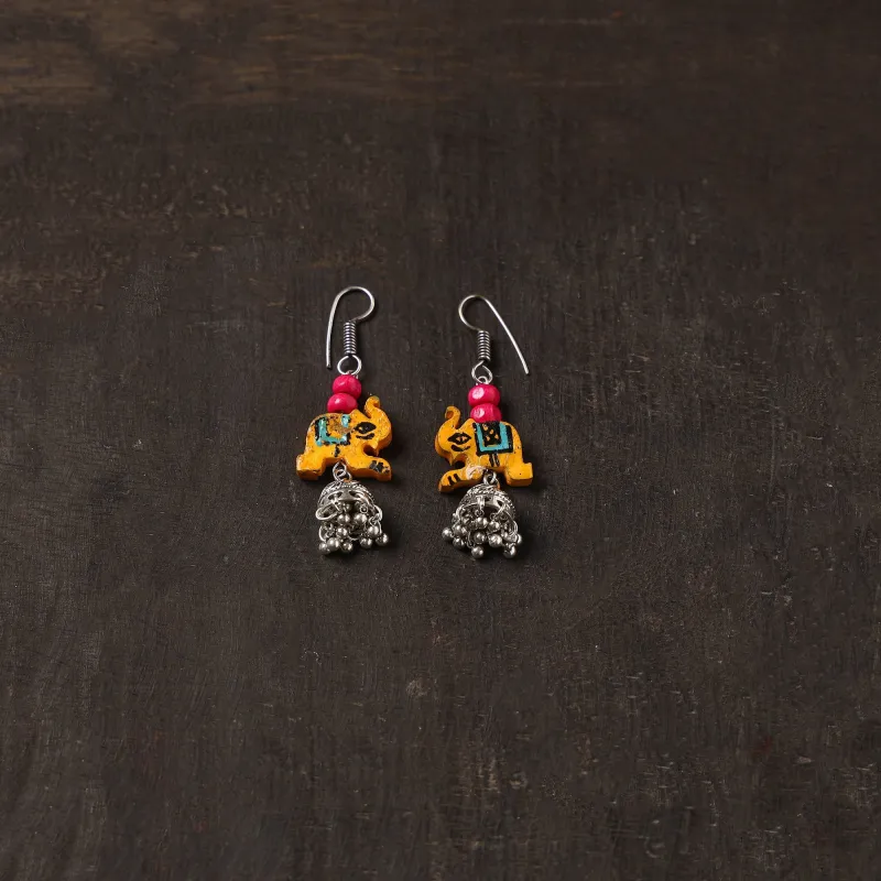 Orange - Rasha German Silver Jhumki Earrings with Wooden Elephant made by Itokri