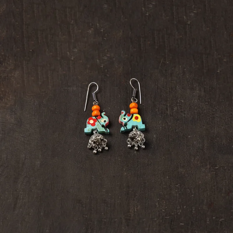 Blue - Zareen German Silver Jhumki Earrings with Wooden Elephant made by Itokri