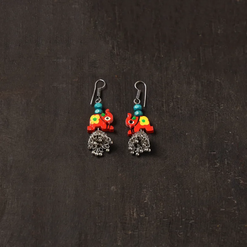 Red - Vaani German Silver Jhumki Earrings with Wooden Elephant sold by Itokri