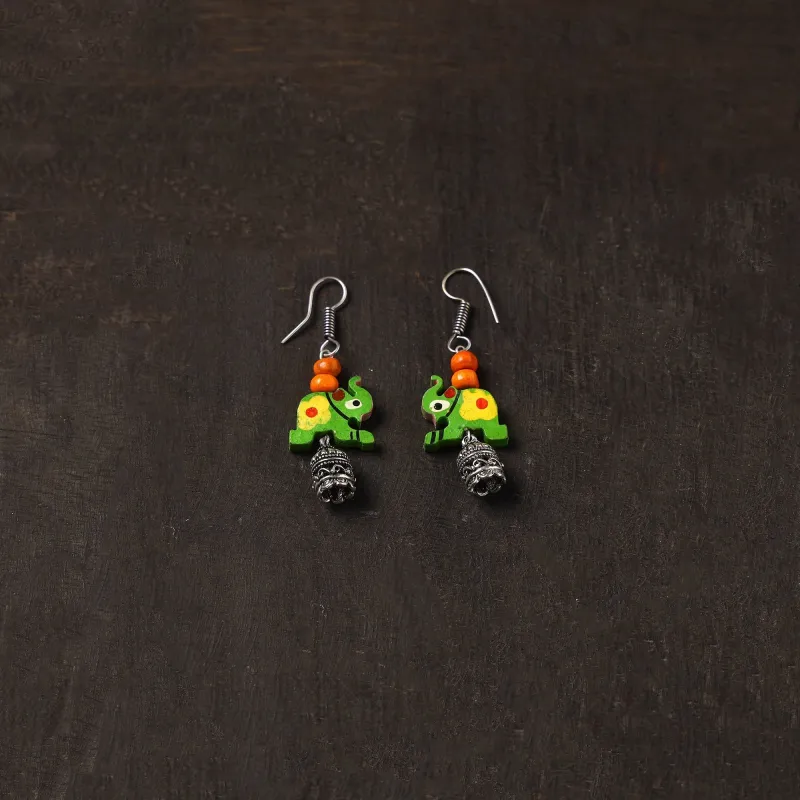 Green - Saanvi German Silver Jhumki Earrings with Wooden Elephant made by Itokri