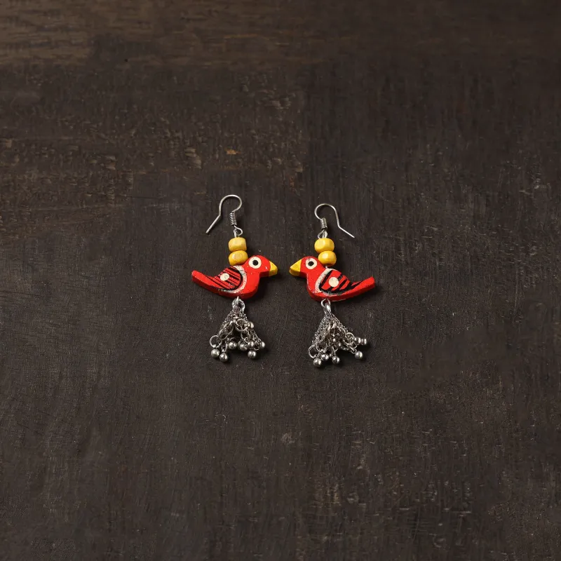 Red - Aliya German Silver Jhumki Earrings with Wooden Bird sold by Itokri