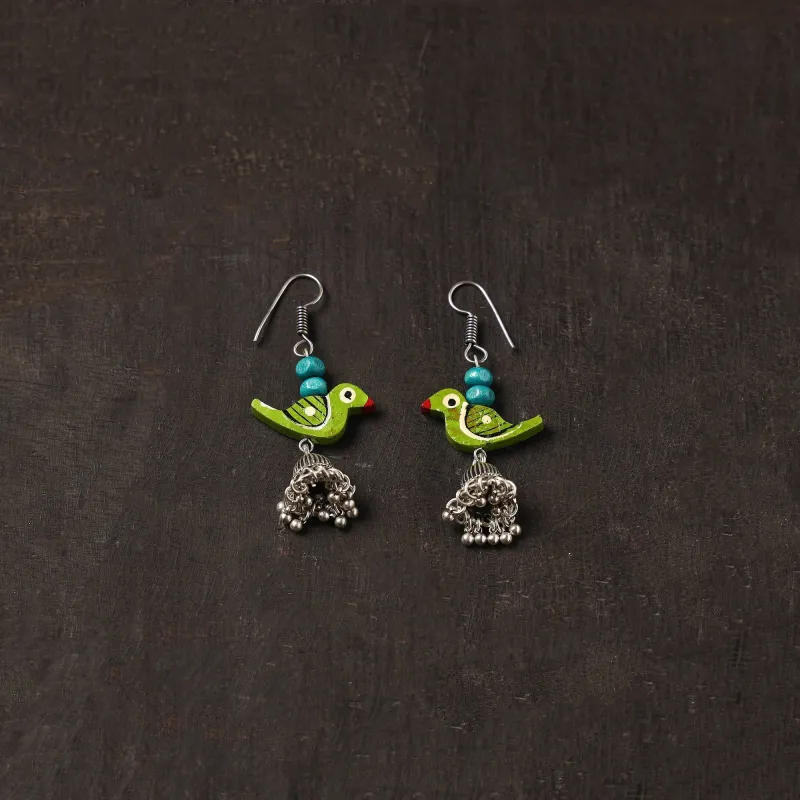 Green - Avni German Silver Jhumki Earrings with Wooden Bird sold by Itokri