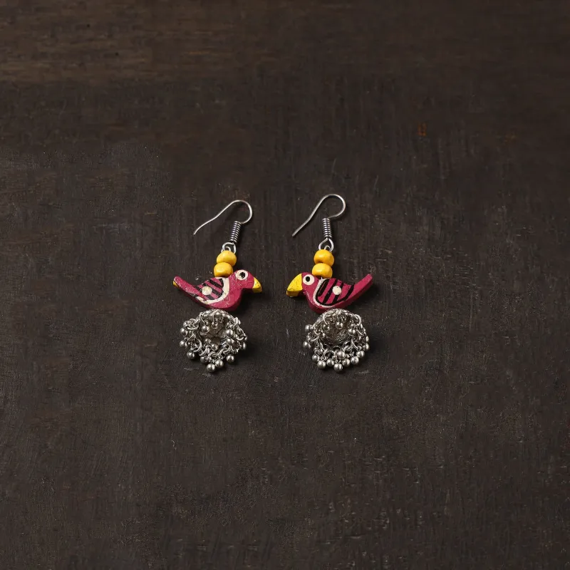 Pink - Noor German Silver Jhumki Earrings with Wooden Bird sold by Itokri