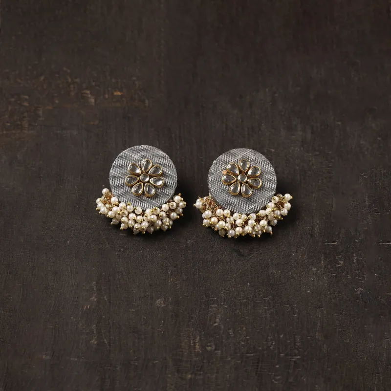 Grey - Inaya Fabart Earrings with Kundan & Beads sold by Itokri