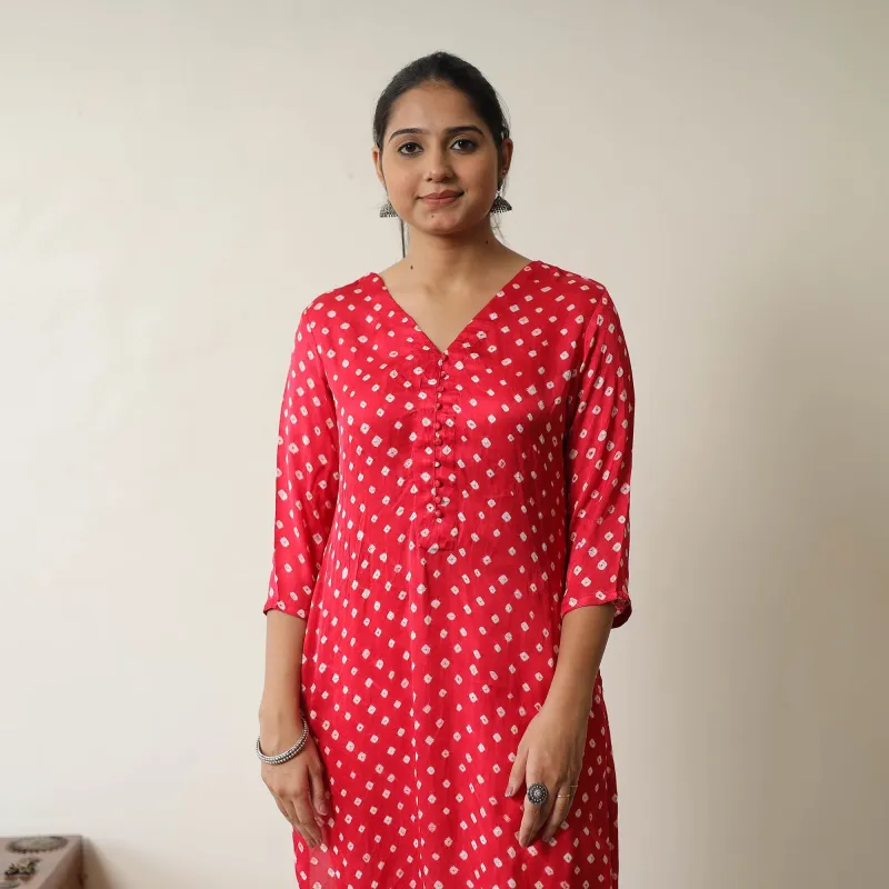 Pink - Tie & dye Modal Silk Straight Bandhani Kurta 07 sold by Itokri