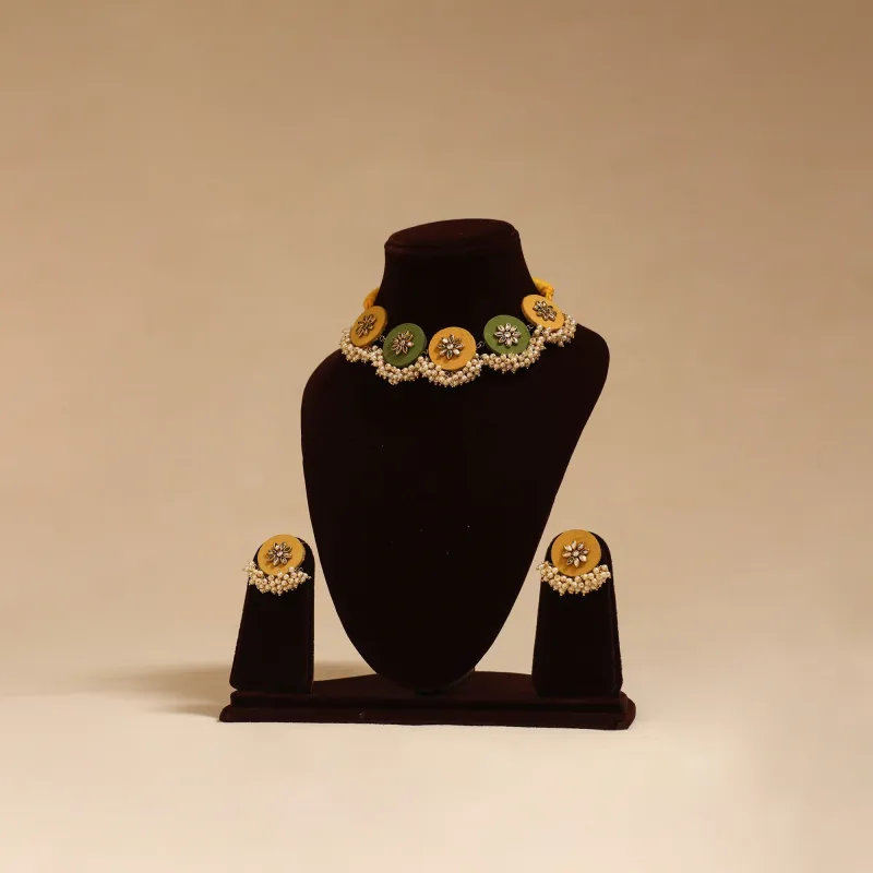 Yellow - Handmade Fabart Choker Necklace Set with Kundan & Beads 08 made by Itokri
