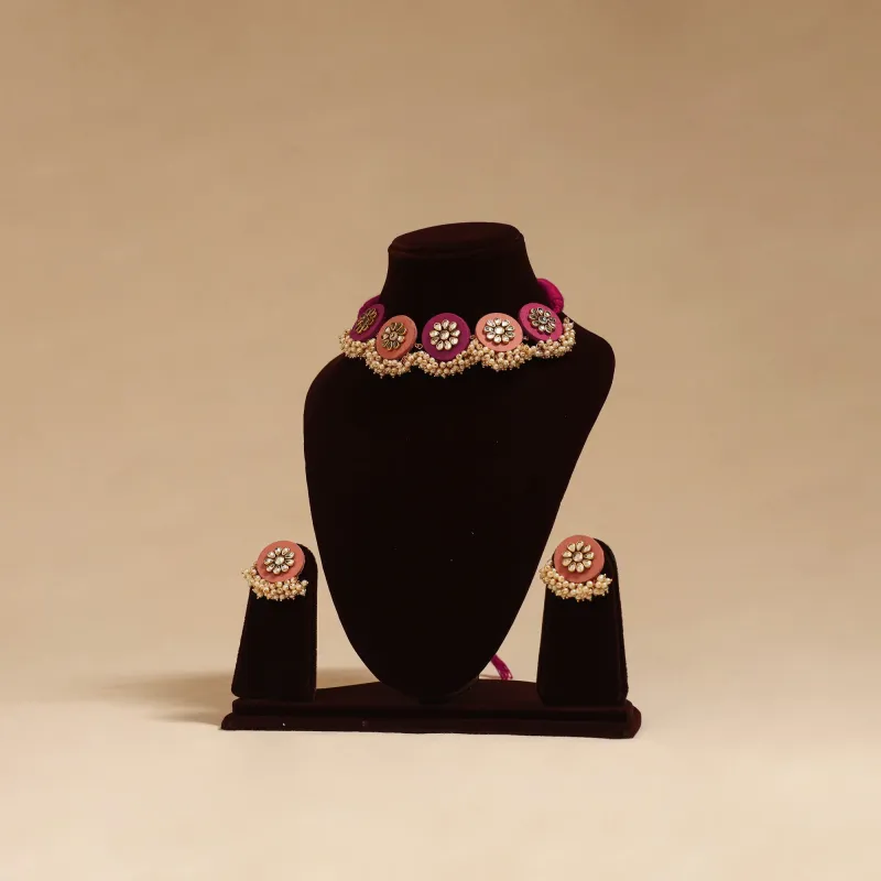 Pink - Handmade Fabart Choker Necklace Set with Kundan & Beads 03 made by Itokri