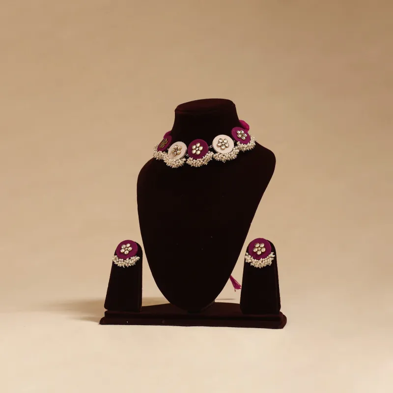 Pink - Handmade Fabart Choker Necklace Set with Kundan & Beads 02 sold by Itokri