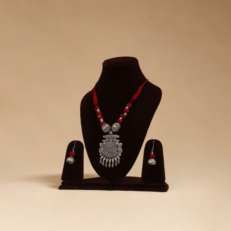 Maroon - German Silver Thread Beads Necklace Set 33 sold by Itokri