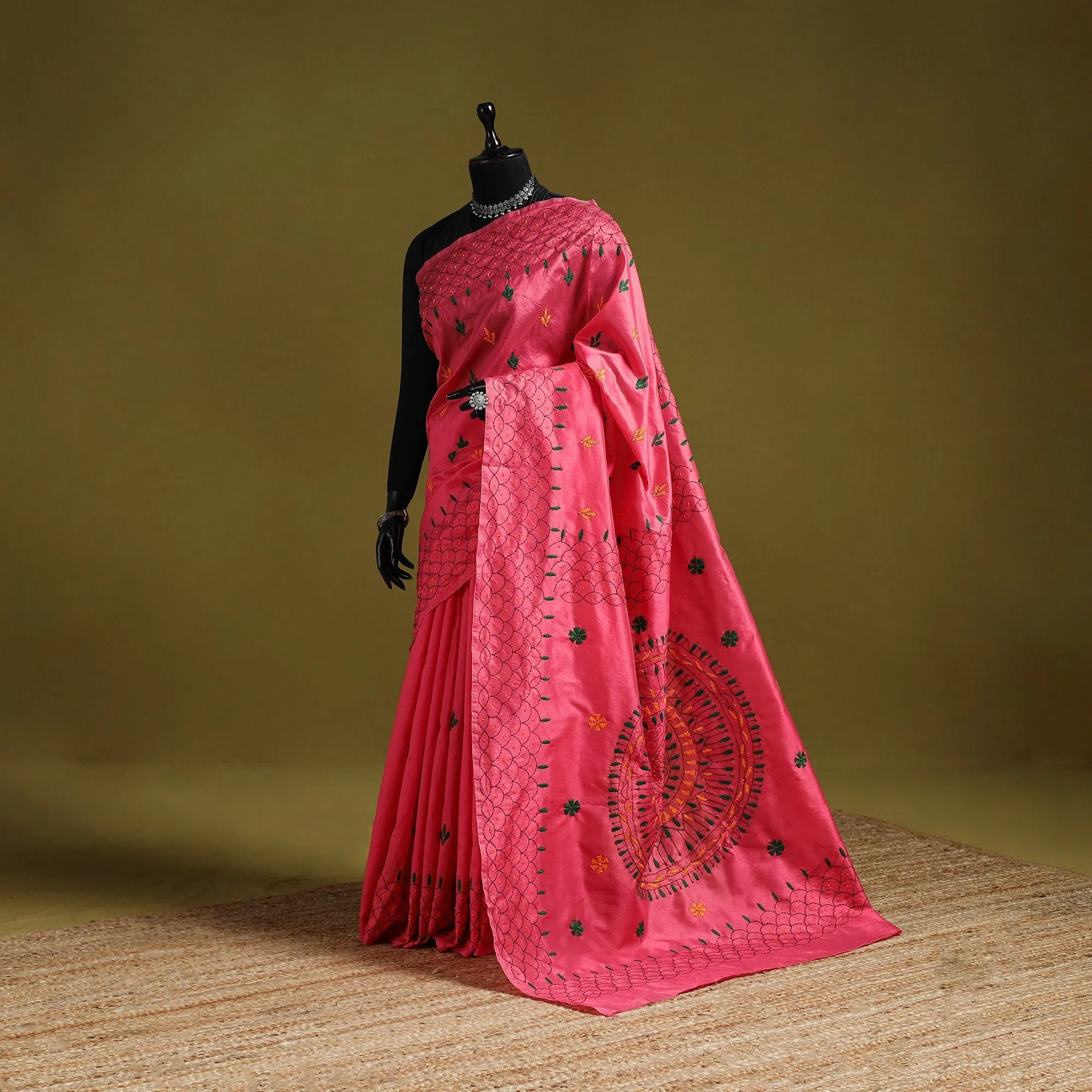 Pink - Bengal Hand Embroidery Silk Nakshi Kantha Saree 65 sold by Itokri